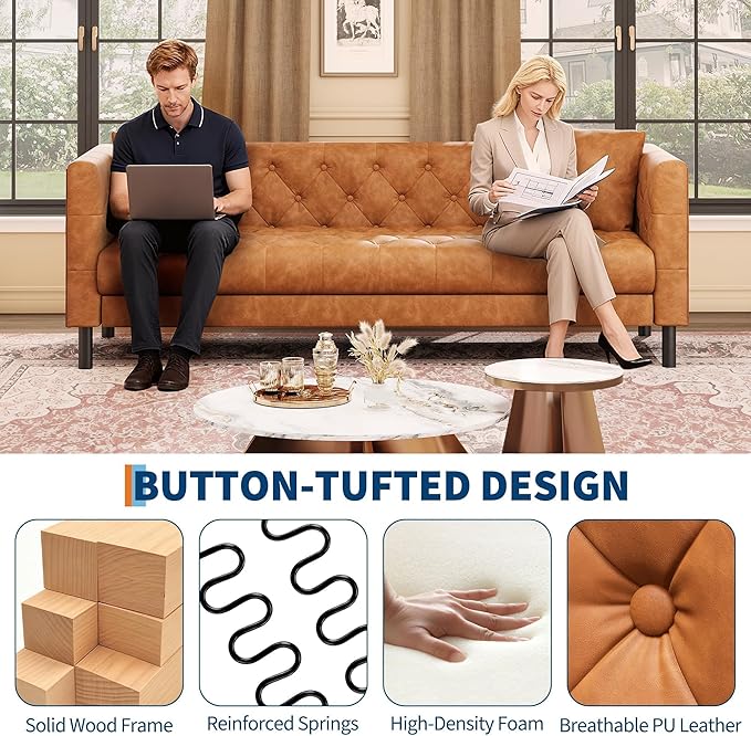 GarveeHome 81" Leather Couch for Living Room, Chesterfield Sofa with Deep Seat, Handmade Button Tufted 3 Seater Sofa, Modern Leather Sofa for Apartment, Office, Cognac Tan
