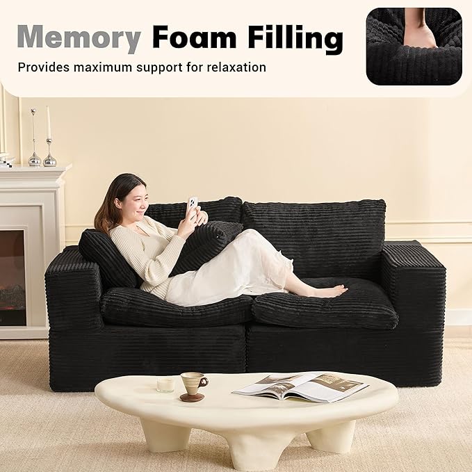 74.8” Set of Cloud Couch, Modular Loveseat Sofa, Convertible Sofas Bed, Deep Seat Sofa, Cozy Sofa for Living Room, Office and Bedroom, Corduroy, Black