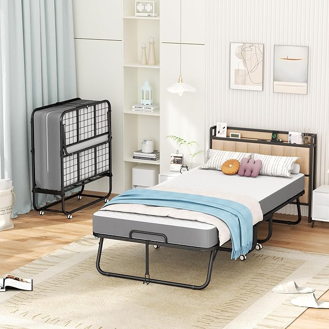 INTERGREAT Folding Bed, 75" x 38" Twin Size Frame, Folding Bed with 5-inch Memory Foam Mattress, Metal Foldable Twin Bed for Adults, Space Saving Portable Roll Away Beds for Easy Storage