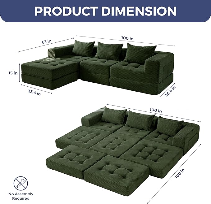 MAXYOYO Modular Sectional Sofa Couch, Foldable L-Shaped Folding Sofa Bed with Ottoman, Convertible Sectional Couch Corded Tufted Floor Sofa Lounger with Pillows for Living Room No Assembly, Dark Green