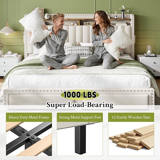 EnHomee King Size Bed Frame with 2 Storage Drawers & Upholstered Headboard,No Box Spring Needed, Easy Assembly, Noise Free, Beige