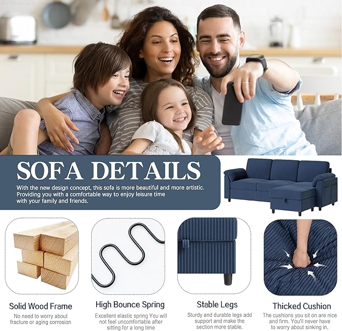 Meilocar Sectional Sofa Couch for Living Room, 79" Sectional Couches with Ottoman, L Shaped Couch with Armrests Side Storage Pockage, Small Sofa Couches for Apartment, Blue