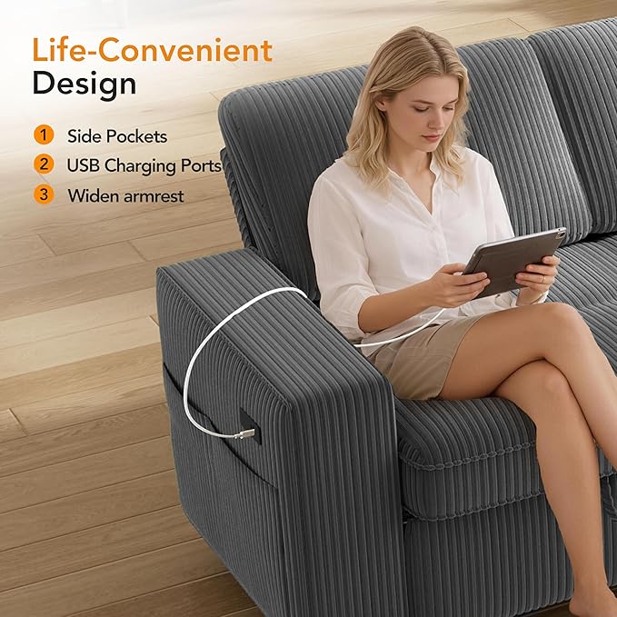 Vipbear Sectional Sleeper Couch with Pull Out Sofa Bed, U Shaped Plush Corduroy Couch with Reclining Backrest & 2 Storages & USB Charging, Convertible Cloud Sectional Sofa Bed for Living Room, Grey | Breathable material, Tool-Free Assembly, Reclining B...