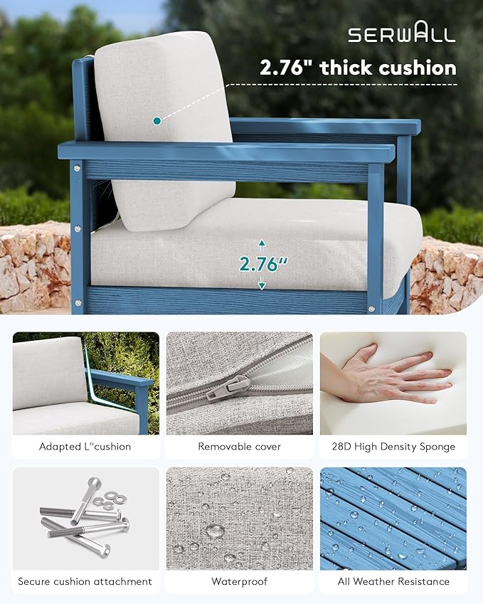 SERWALL 8 Pieces HDPE Outdoor Conversation Sofa Set with Cushions, All Weather Use Couch Loveseat Furniture with Side Table for Balcony, Deck, Poolside, Blue Frame with Khaki Cushions