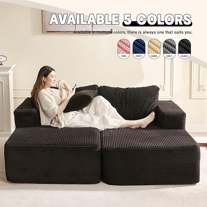 Chaise Lounge Chair, Boneless Couch for Living Room and Bedroom, Set of Sleeper Couches Reading Chairs, Corduroy, Black