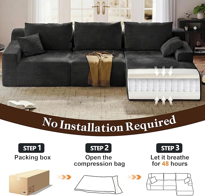 97" L-Shaped Cloud Boneless Couch with Deep Seat, Modular Sectional Sofa with Chaise, Flexible Module Combination for Living Room, Bedroom No Assembly (Black, Right Facing Chaise)