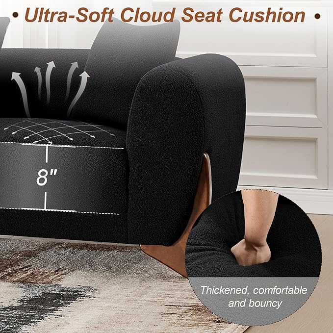 87" Sherpa Boucle Cloud Couch Modern 3 Seater Sofa with Solid Wood Legs, 25" Extra Deep Seat, Comfy Thick Cushion Upholstered Sofa Couches with 3 Pillows for Living Room, Black