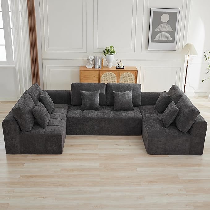 140''Modular Sectional Couches for Living Room, Cloud Boneless Compressed Sectional Sofa, Oversized U Shaped 6 Seater Upholstered Memory Foam Sofa, No Assembly, Chenille Grey