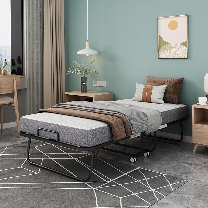 Espsilto Folding Bed with Mattress for Adults, Large Size 75" x46'' Roll Away Foldable Portable Fold up Bed for Guest, No Sagging Frame