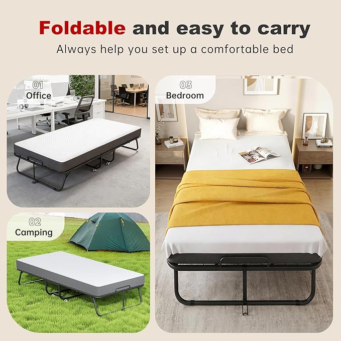 Superday Folding Bed with Mattress, 75” x 31” Portable Rollaway Bed, Twin Foldable Bed with 5" Mattress, Roll Away Beds for Adults, Fold up Beds for Guest Room&Small Apartment, Twin Size,Cot Size
