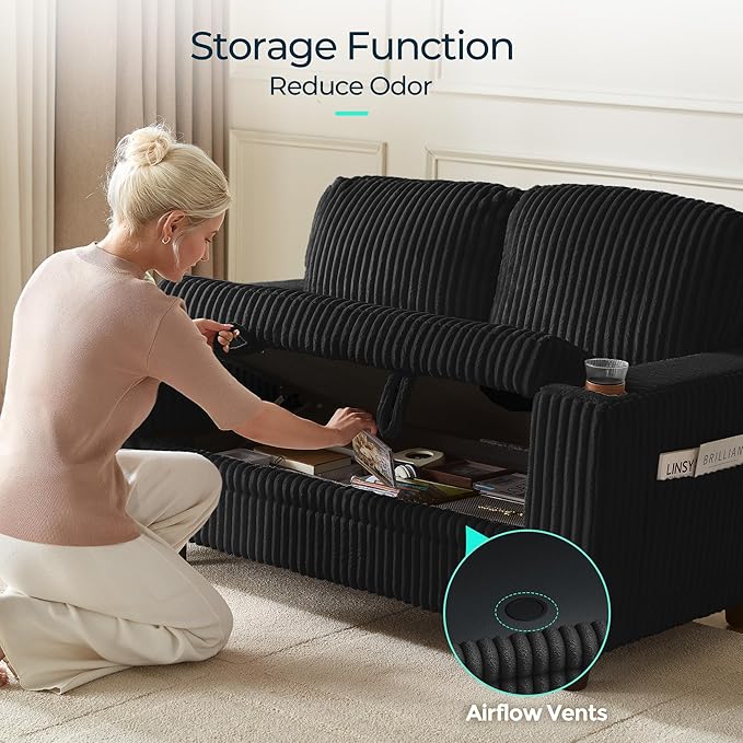 LINSY HOME Loveseat Sofa with Storage - Comfy Plush Corduroy 2 Seater Sofa with USB Charging & Cup Holders, Deep Seat Love Seat for Small Spaces Living Room Bedroom Apartment, Black