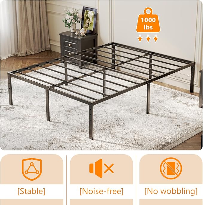 VINGLI 18 Inch Full Bed Frame, Heavy Duty Metal Platform, No Box Spring Needed, Steel Slat Support, Easy Assembly, Noise-Free, 16 inch Underbed Storage Space, Black