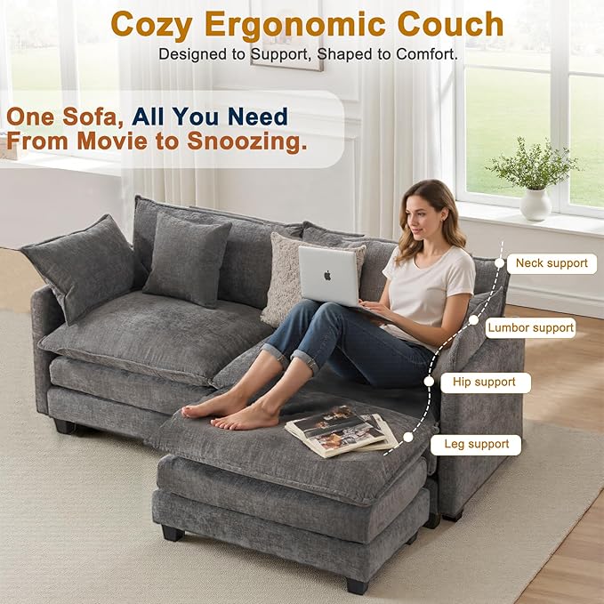 Cloud Chenille L-Shaped Sofa with Ottoman, 77" Space Saving Sectional Loveseat with Chaise, Couch for Small Spaces, Easy Assembly, 1YR Warranty
