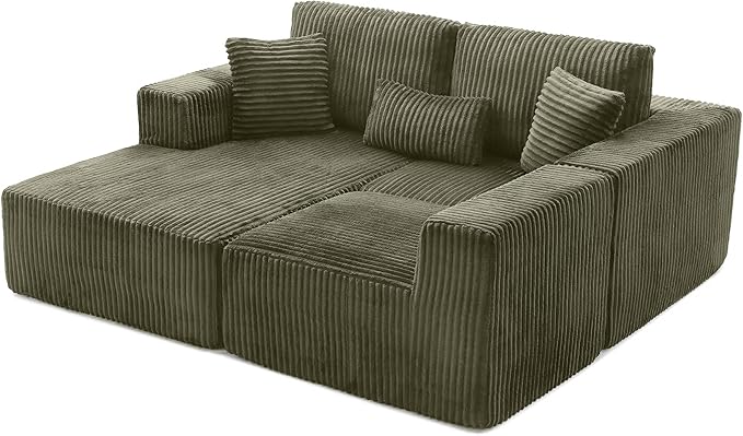 L Shaped Modular Boneless Sectional Couches for Living Room, Wide Armrest, Deep Seat, Memory Foam, Assembly Free, Modern Comfy Corduroy Fluffy Cloud Sofa with Left Chaise, Green