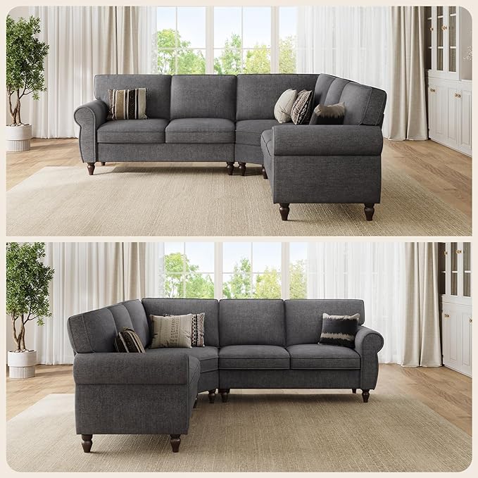 ONBRILL 101" L Shaped Couch, Sectional Corner Sofa with Rolled Arms, 5 Seater Chenille Fabric Couch w/Springs Seat Cushion, Wooden Legs, Comfy Oversized Sofa for Living Room, Apartment, Grey