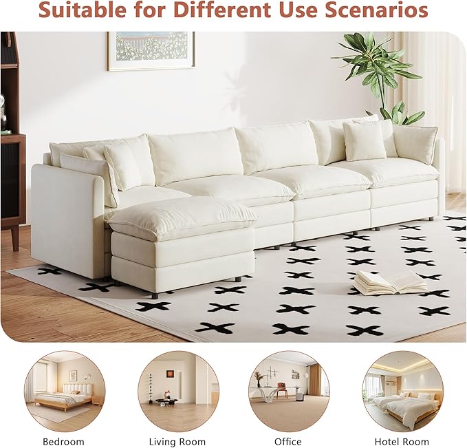 Setawix Deep 4 Seater Couch with Ottoman,147.22" L-Shaped Cloud Couches for Living Room,Chenille Cloud Sofa Couch with Deep Seat,Modular Sectional L Shape 4 Seat Sofa for Bedroom (Beige, 4+1)