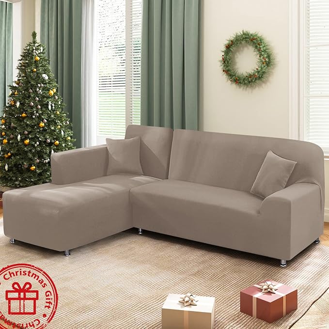 KinCam Sectional Couch Covers L Shape Sofa Covers Super Stretch 2pcs Sofa Slipcovers for 3 + 3 Seaters Sectional Chaise Slipcover with 2pcs Pillow Covers for Pets Kids, Taupe
