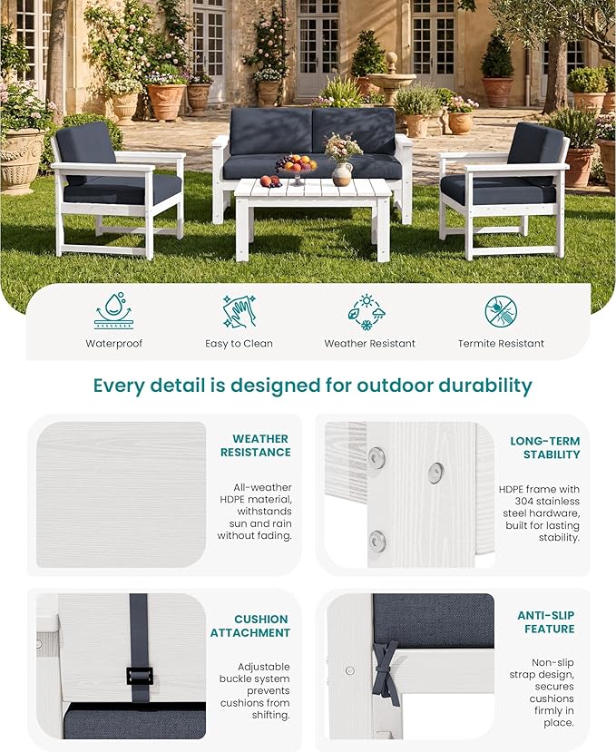 SERWALL HDPE Outdoor Loveseat with Cushions, All Weather Use Outdoor Loveseat Sofa, White Frame/Grey Cushion