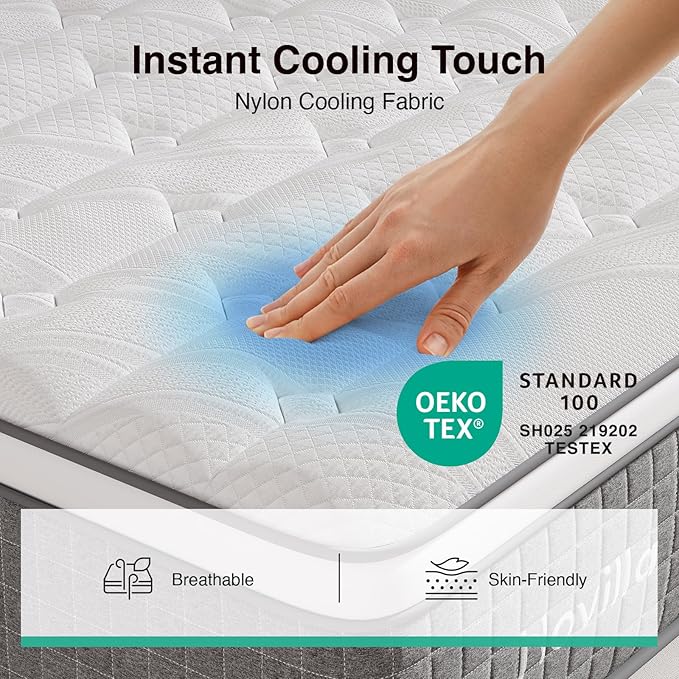 Novilla 12 Inch XL Twin Mattress,Twin XL Hybrid Mattress with Gel Memory Foam,Pocketed Coils & Nylon Cooling Fabric for Targeted Support Zones & Spinal Alignment Mattresses in a Box for Kids