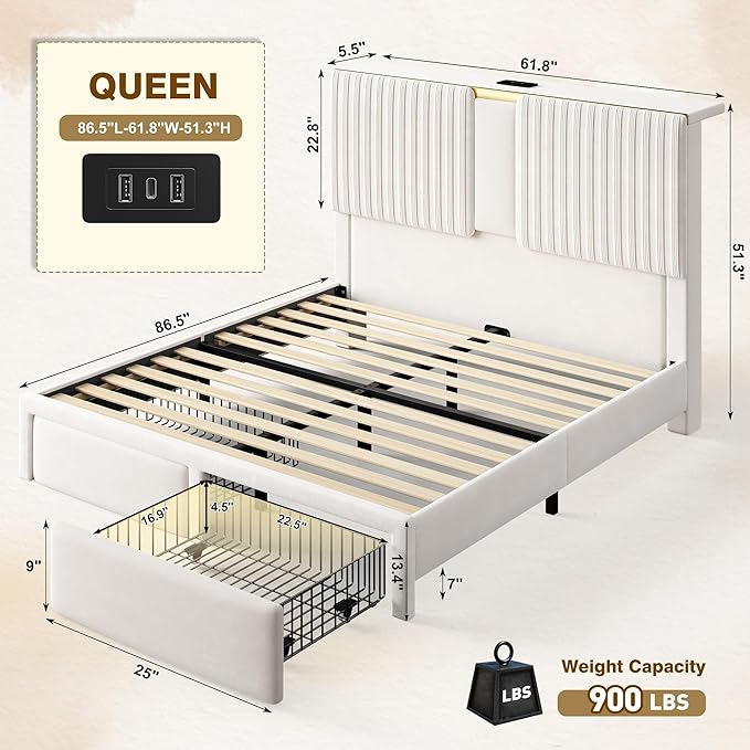 Homkdom Queen Bed Frame with Velvet Storage Headboard, 2 Large Drawers & 3 Charging Ports, 51.3" Tall Platform Bed Frame Queen Size, Sturdy Wood Slats, No Box Spring Needed, Beige