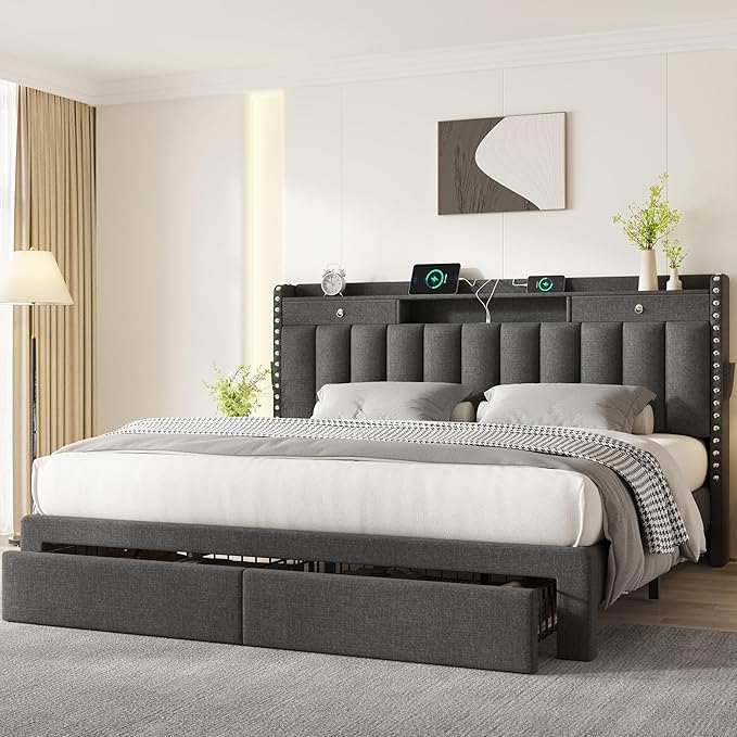 CypBed Queen Bed Frame with Headboard, Upholstered Platform Bed Frame Queen Size with 4 Storage Drawers, 3 USB & Type-C Charging Ports, Solid Wood Slats, No Box Spring Needed, No-Noise, Dark Grey,Gift