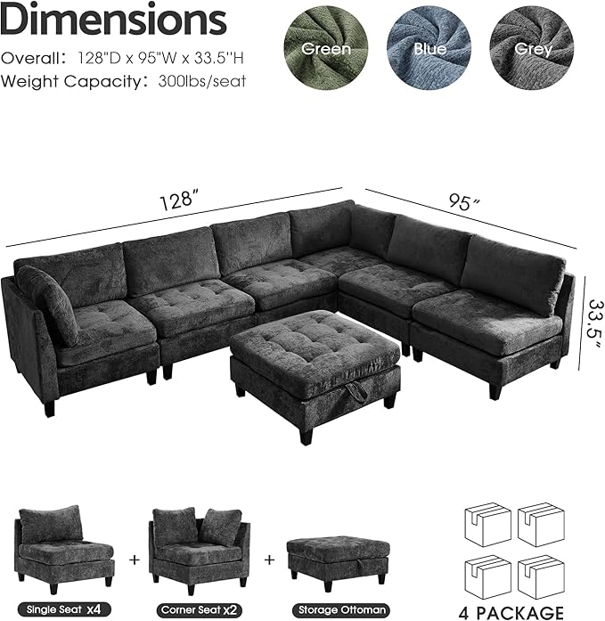 Luxe Oversized Modular Sectional Sofa, Modern Chenille Convertible Sleeper Sofa with Storage Ottoman, Comfy Deep Seat U-Shaped Cloud Couch for Living Room（Dark Grey，6-Seater + 1*Ottoman）