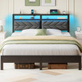 Seventable King Size Bed Frame with Charging Station & LED Lights, Upholstered Headboard with Storage Shelves, Metal Platform with Under Bed Storage, No Box Spring Needed, Easy Assembly, Dark Grey