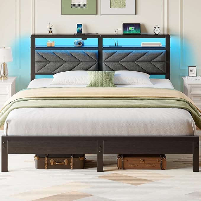 Seventable King Size Bed Frame with Charging Station & LED Lights, Upholstered Headboard with Storage Shelves, Metal Platform with Under Bed Storage, No Box Spring Needed, Easy Assembly, Dark Grey
