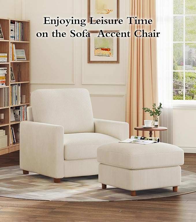 Kidirect 35.5in Corduroy Sofa Accent Chair, Tool-Free Setup Living Room Couch Accent Chairs, Reading Chair for Bedroom 22.5in Extra Deep Seats, Comfy Arm Chairs for Office, All-Wood Reading Nook Beige