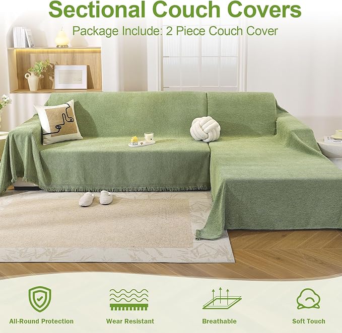 OstepDecor Sectional Couch Covers 2 Pieces, L Shaped Couch Cover Blanket, Sectional Sofa Cover Washable, Chaise Lounge Sofa Slipcovers Furniture Protector for Dogs (71"x118"+91"x134", Green)