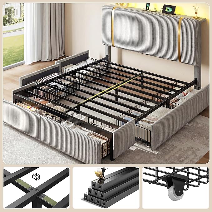 Homkdom Full Size Bed Frame with Headboard & 6 Storage Drawers,Soft Upholstered Bed Frame Full with LED Light & Charging Station,1200-LB Heavy Duty Metal Support,Modern,Grey