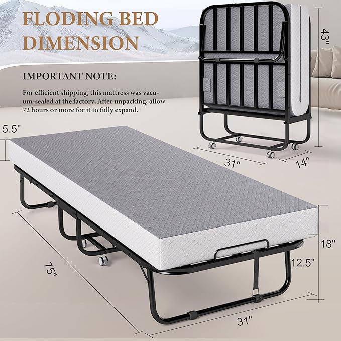 Decofy Folding Bed with Memory Foam Mattress, Portable Rollaway Guest Beds on Wheels, 75"x31" Twin Size Space-Saving Cot-Size Bed for Adults with Easy Assembly Metal Frame (Grey)