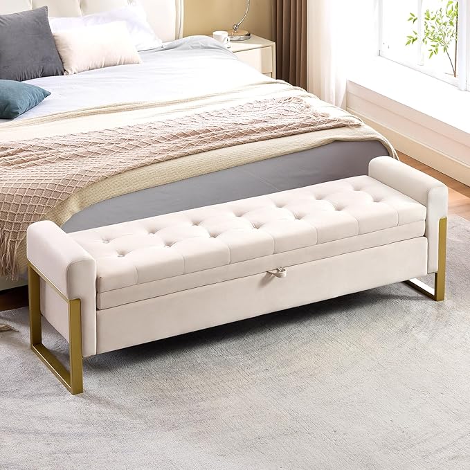 67" End of Bed Storage Bench King Size, Bench for Bedroom Foot of Bed, Upholstered Velvet Storage Ottoman with Gold Legs for Window Living Room, Beige