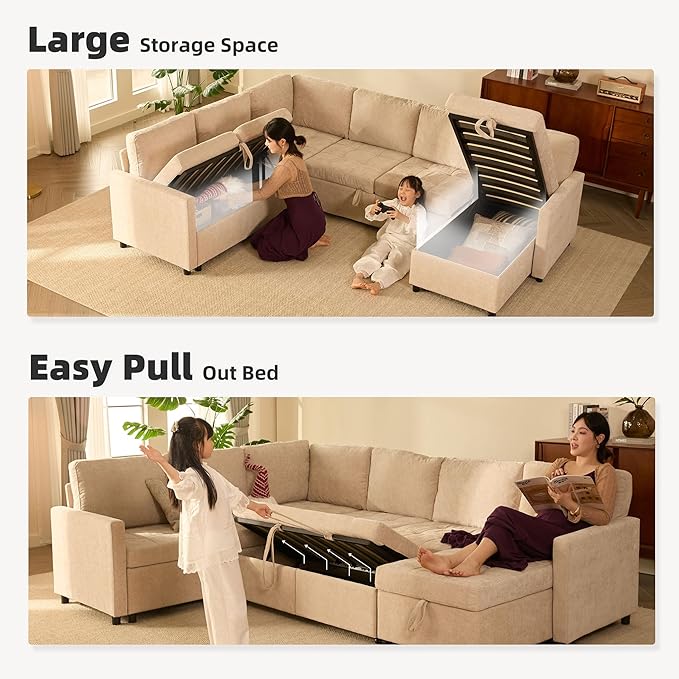107" Sleeper Sofa, Set of Modular Pieces with Pull Out Bed, U Shaped Sectional Couch with Storage, Extra Wide&Deep Seat Couches for Living Room, Removable Sofa Cover, Chenille-Flat White