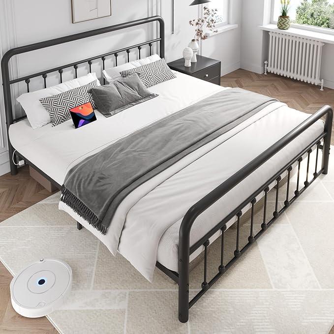 Fluest 14 Inch King Bed Frame Classic Metal Platform Bed Frame with Charging Station & LED, Victorian Style Iron-Art Headboard/Footboard, Under Bed Storage, No Box Spring Needed, Noise Free
