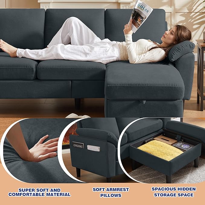 3 Piece Convertible Sectional Sofa Set, Modern Linen Small L Shaped Couch with Reversible Ottoman and Accent Chair, 3-Seat Sofa Couches for Living Room, Office, Apartment, Dark Grey