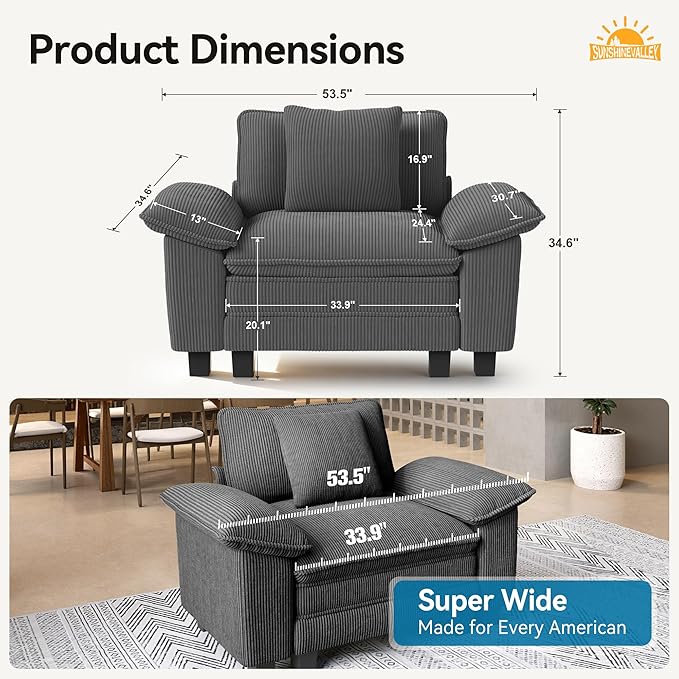 53.5'' Oversized Accent Chair, Corduroy Single Seat Modular Sofa Chair with Wider Armrest and Pillow, Modern Cloud Deep Seat Armchair for Bedroom Living Room, Grey