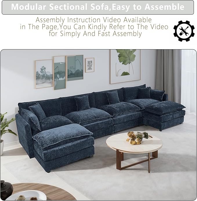 Setawix Deep 4 Seater Couch with Ottomans,147.22" U-Shaped Cloud Couches for Living Room,Chenille Cloud Sofa Couch with Foorest,Modular Sectional U Shape 4 Seat Sofa for Bedroom (Blue, 4+2)