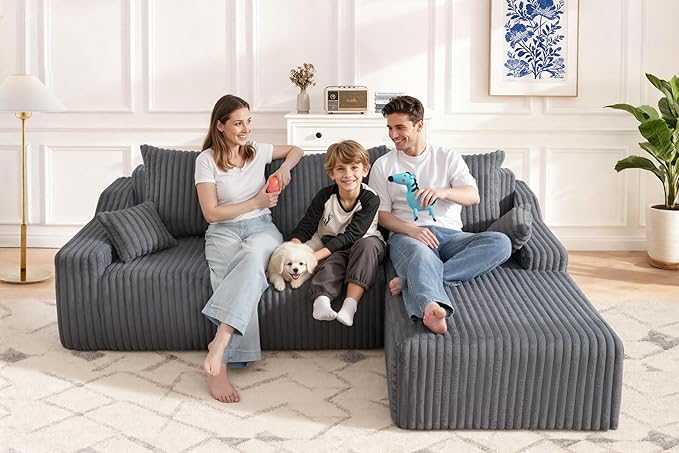 HABUTWAY 94'' Cloud Sectional Couch, Boneless Sofa with Deep Seat, Modular Comfy L-Shape Couch with Chaise for Living Room Bedroom, No Assembly Required(Grey,Right Facing Chaise)