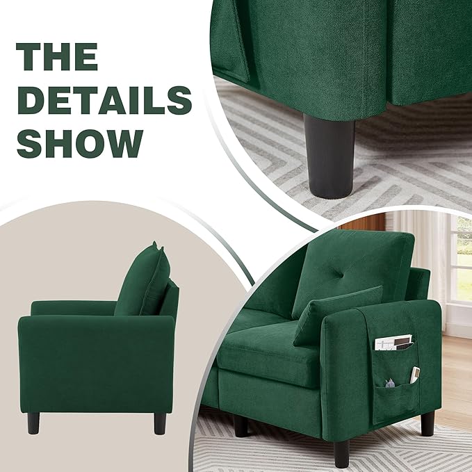 Convertible Sectional Sofa, 77" Small L Shaped 3 Seat Couch with Reversible Storage Chaise, and Accent Chair Set Modern Polyester Fabric Sofa Couches for Living Room, Apartment, Green