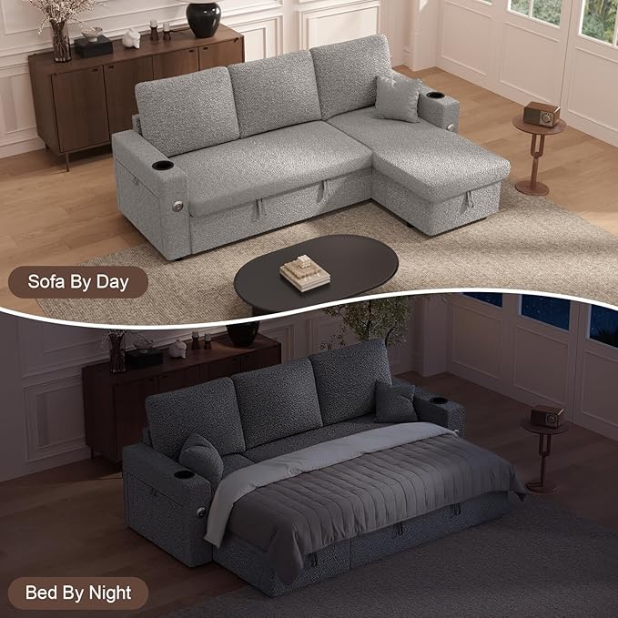 Sleeper Sofa Bed, 4-in-1 Pull Out Couch with Reversible Chaise | Dual USB & Type-C Charging | Dual Cup Holders | Layered Storage (Armrest + Chaise) for Living Room, Apartment, Home Office (Light Gray)