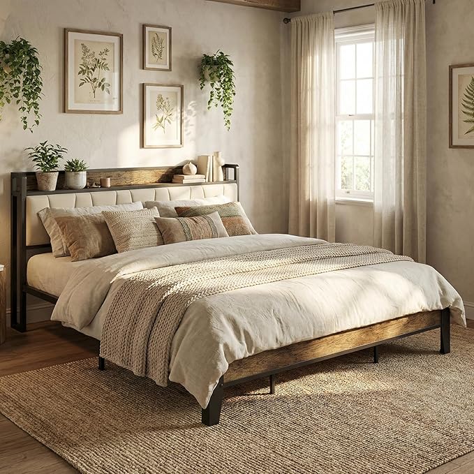 LIKIMIO King Bed Frame, Storage Headboard with Charging Station, Solid and Stable, Noise Free, No Box Spring Needed, Easy Assembly (Walnut and Beige)