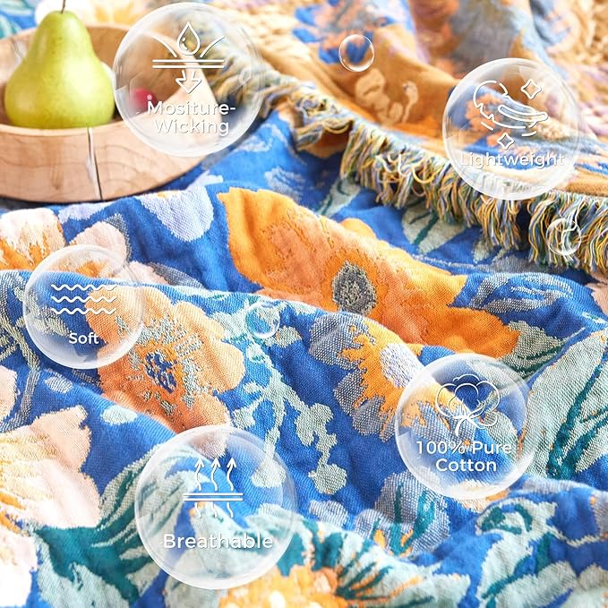LUTBM Boho Throw Blanket for Couch Sofa Chair Cotton Spring Blankets for Bedroom Living Room All Season Lightweight Reversible Floral Embroidery Throws 50"x60"