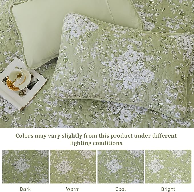 WONGS BEDDING Quilt King Size, Green Quilt Bedding Set with 2 Pillowcases, Botanical Quilt for King Bed, Soft Microfiber Lightweight Coverlet Bedspread for All Season (110"×90", 3 Pieces)