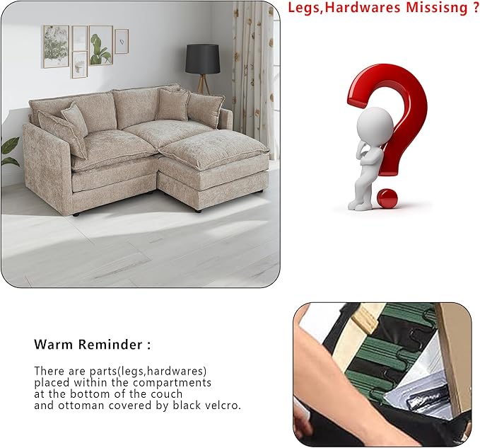 Setawix Deep Loveseat Couch with Ottoman,Large L-Shaped 2 Seater Cloud Couches for Living Room,77.16" Chenille Cloud Sofas with Deep Seat,Modular Sectional 2 Seat Sofa for Bedroom (Coffee, 2+1)