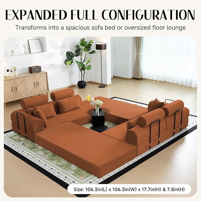 106" L-Shaped Modular Boneless Couch, 2-Piece System (2×70.87"), Convertible Sectional to 141.7" Straight Sofa, Corduroy Couch in a Box, Headrest & Back Pillows for Living Room, Orange
