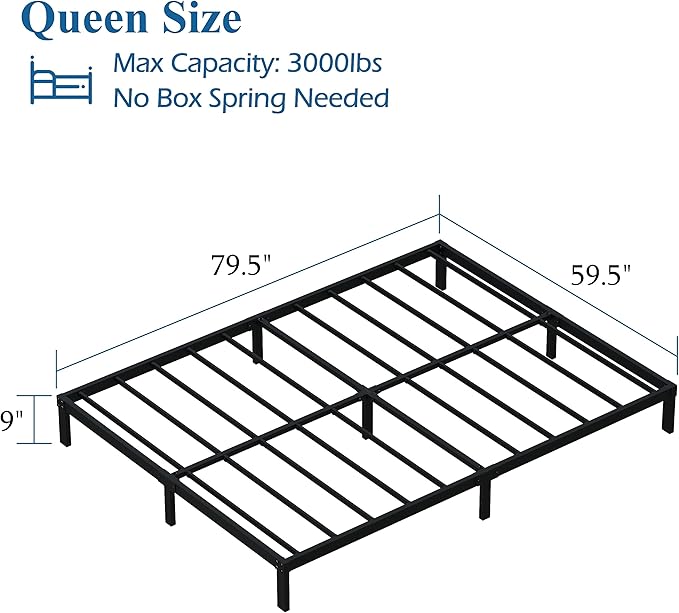 DiaOutro 9 Inch Queen Bed Frame Heavy Duty Low Profile Metal Platform No Box Spring Needed, Maximum Storage, Easy to Assembly, Noise Free, Black
