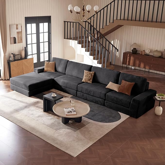 Modular Sectional Boneless Sofa, 160.63" Oversized Modern Cloud Couch Sectional Sofa with L-Shaped Chaise Comfy Corduroy Fluffy Couch with Deep Seat Couches for Living Room Bedroom, Black