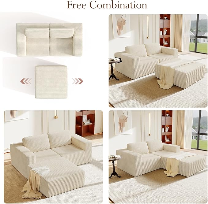Vesgantti 80" Modular Sectional Sofa, Corduroy Cloud Couch with Deep Seats & Spring Support, Compact 2 Seater Boneless Couch, L-Shaped Modular Sofa for Small Spaces, Apartments, No Assembly, Beige