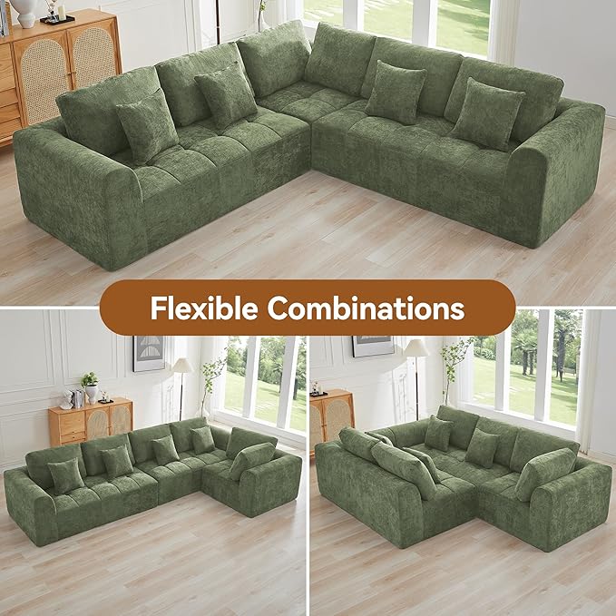 110''Modular Sectional Couches for Living Room, Cloud Boneless Compressed Sectional Sofa, Oversized L Shaped 5 Seater Upholstered Memory Foam Sofa, No Assembly, Chenille Green